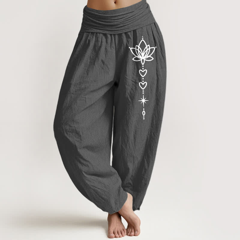 Buddha Stones Pantalones harem de algodón puro con estampado de corazón de loto y estrella para mujer, con cintura elástica. - Gris oscuro - US16，UK/AU20，EU48 (3XL) - image 8