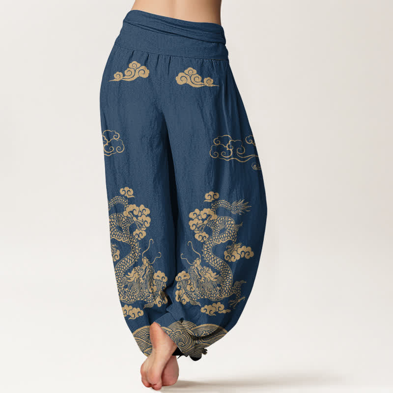 Buddha Stones Pantalones harem de algodón con estampado vintage de dragones y nubes en espiral para mujer, con cintura elástica. - image 2