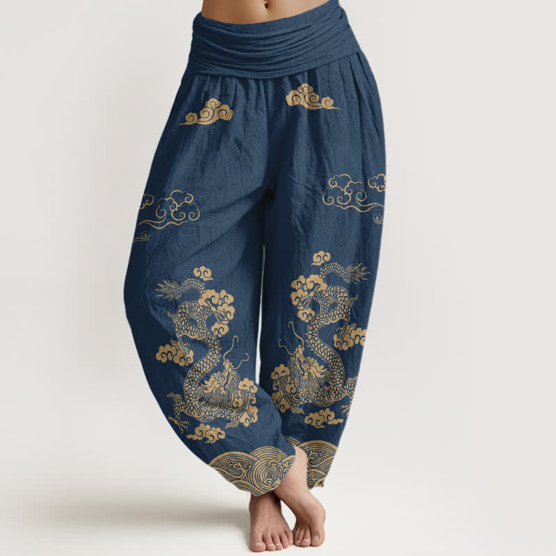 Buddha Stones Pantalones harem de algodón con estampado vintage de dragones y nubes en espiral para mujer, con cintura elástica. - Marina de guerra - US16，UK/AU20，EU48 (3XL) - image 0