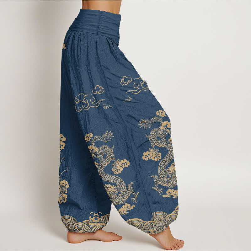 Buddha Stones Pantalones harem de algodón con estampado vintage de dragones y nubes en espiral para mujer, con cintura elástica. - image 1