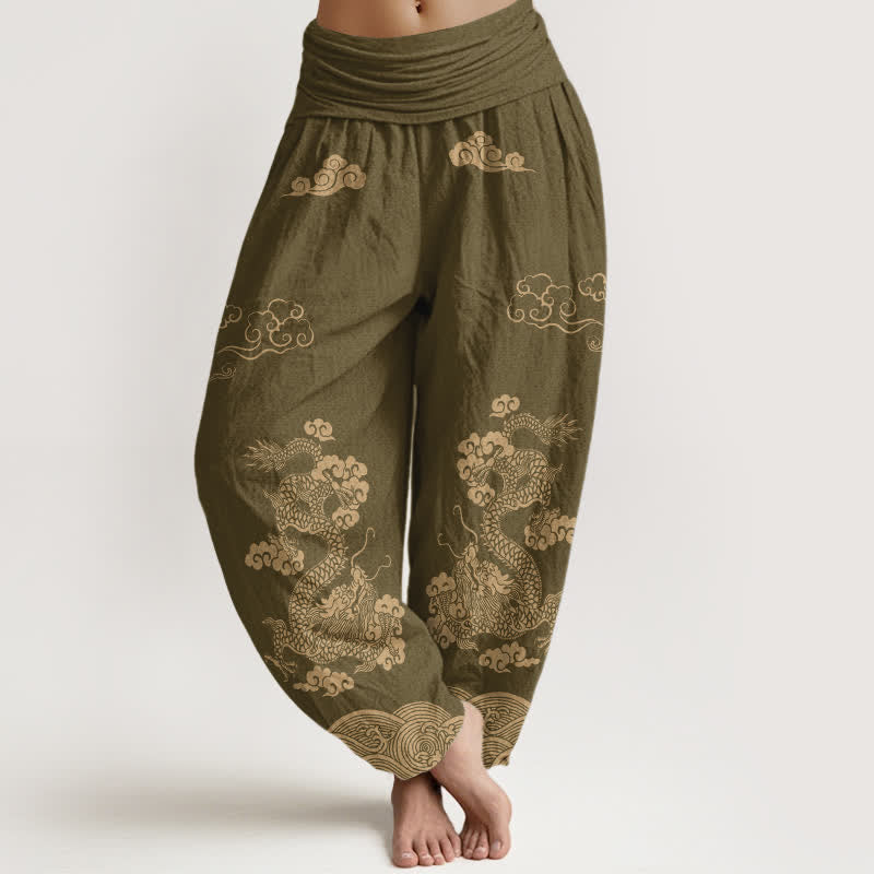 Buddha Stones Pantalones harem de algodón con estampado vintage de dragones y nubes en espiral para mujer, con cintura elástica. - Caqui oscuro - US16，UK/AU20，EU48 (3XL) - image 5