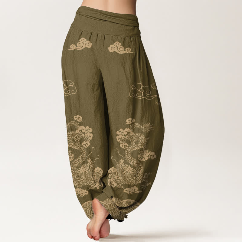 Buddha Stones Pantalones harem de algodón con estampado vintage de dragones y nubes en espiral para mujer, con cintura elástica. - image 7