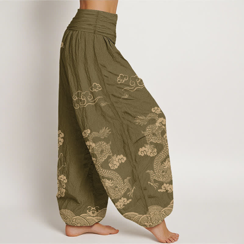 Buddha Stones Pantalones harem de algodón con estampado vintage de dragones y nubes en espiral para mujer, con cintura elástica. - image 6