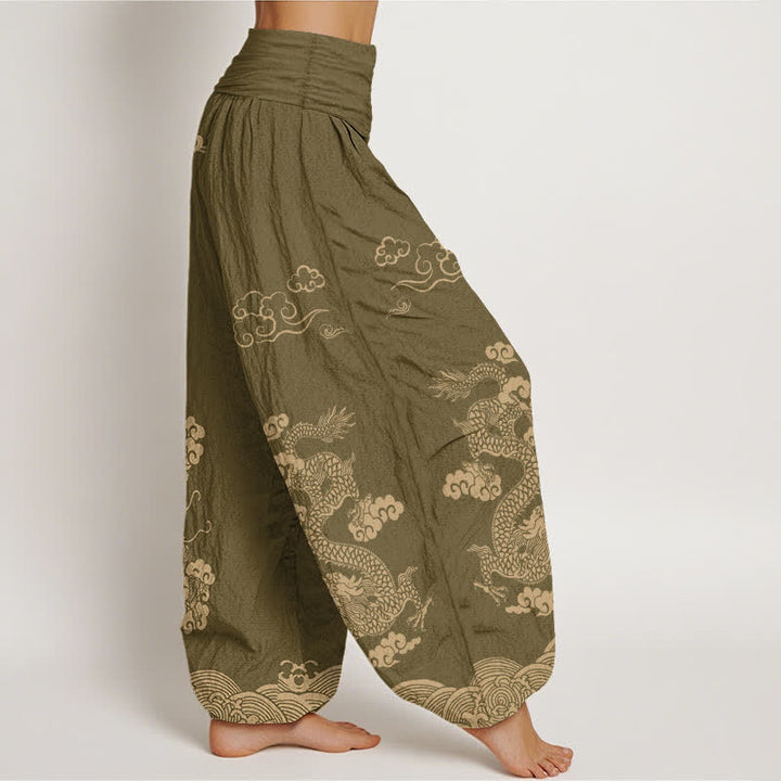 Buddha Stones Pantalones harem de algodón con estampado vintage de dragones y nubes en espiral para mujer, con cintura elástica. - image 6