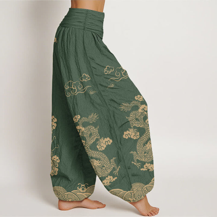 Buddha Stones Pantalones harem de algodón con estampado vintage de dragones y nubes en espiral para mujer, con cintura elástica. - image 9