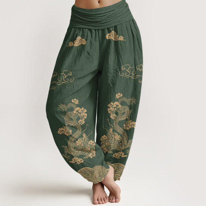 Buddha Stones Pantalones harem de algodón con estampado vintage de dragones y nubes en espiral para mujer, con cintura elástica. - Verde oscuro - US16，UK/AU20，EU48 (3XL) - image 8