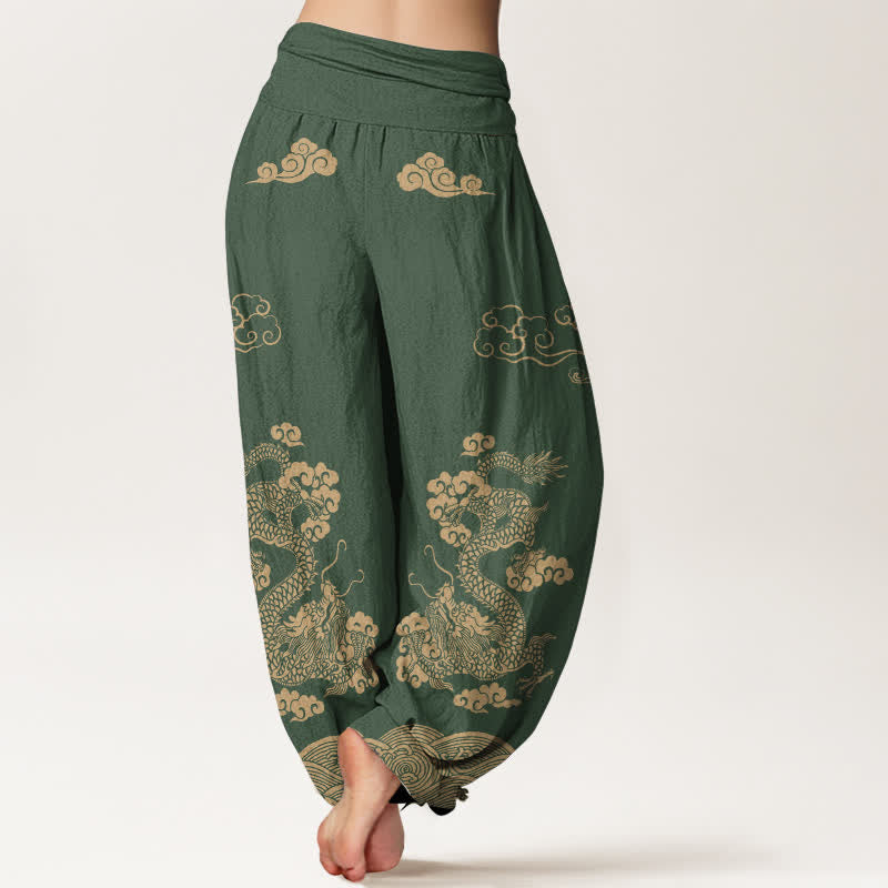 Buddha Stones Pantalones harem de algodón con estampado vintage de dragones y nubes en espiral para mujer, con cintura elástica. - image 10