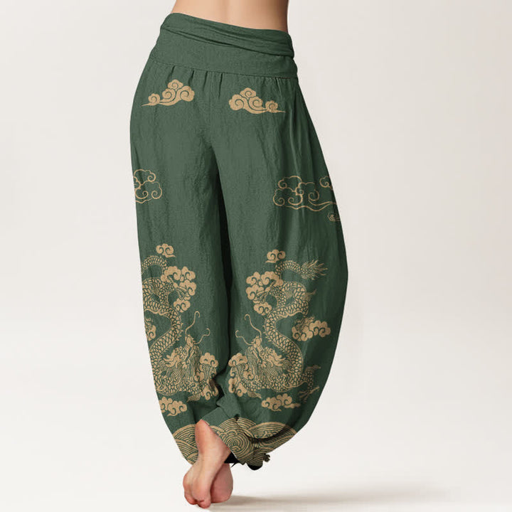 Buddha Stones Pantalones harem de algodón con estampado vintage de dragones y nubes en espiral para mujer, con cintura elástica. - image 10