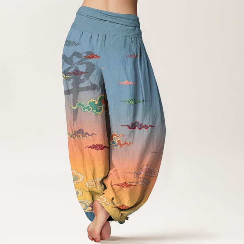 Buddha Stones Pantalones harem de algodón con estampado oriental de nubes Zen y cintura elástica para mujer. - image 2