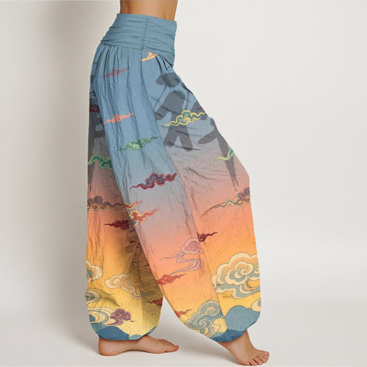 Buddha Stones Pantalones harem de algodón con estampado oriental de nubes Zen y cintura elástica para mujer. - image 1