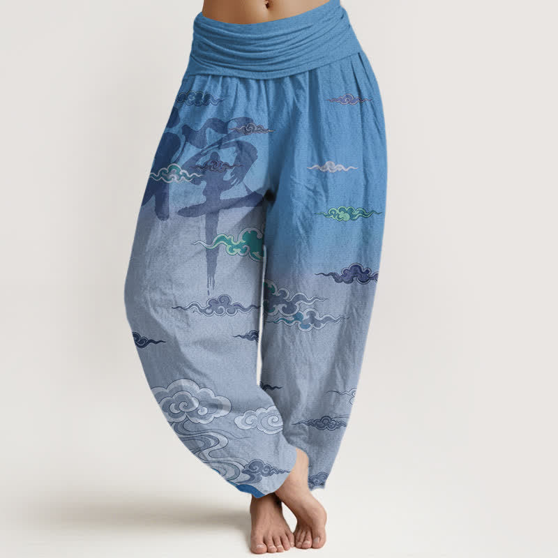 Buddha Stones Pantalones harem de algodón con estampado oriental de nubes Zen y cintura elástica para mujer. - Celeste - US16，UK/AU20，EU48 (3XL) - image 5