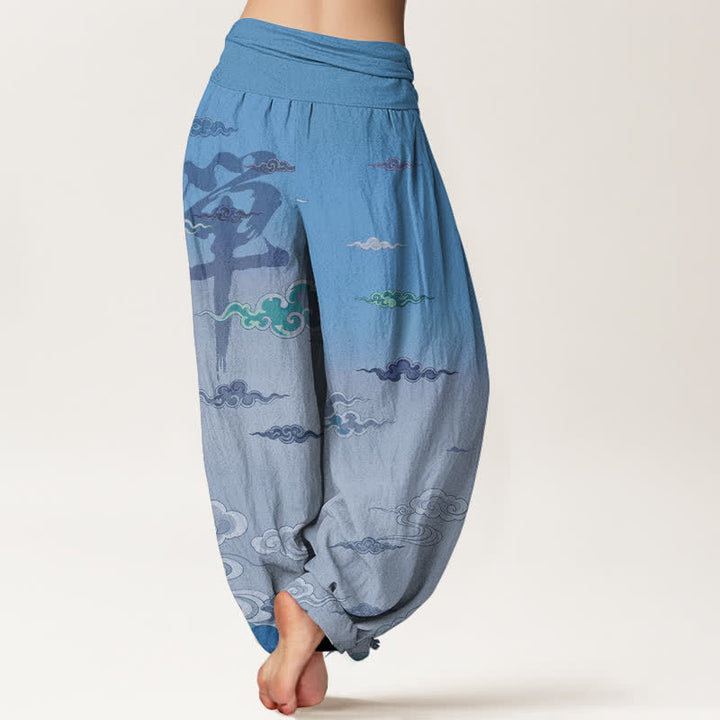Buddha Stones Pantalones harem de algodón con estampado oriental de nubes Zen y cintura elástica para mujer. - image 7