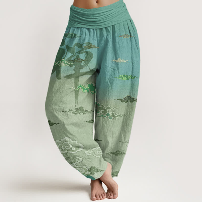Buddha Stones Pantalones harem de algodón con estampado oriental de nubes Zen y cintura elástica para mujer. - Verde pálido - US16，UK/AU20，EU48 (3XL) - image 8