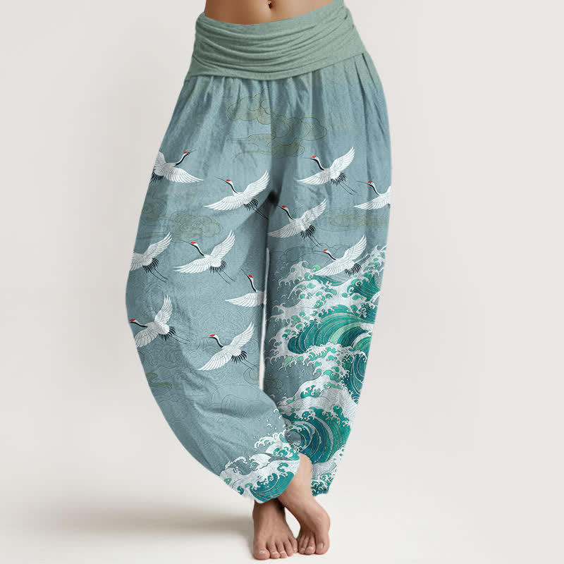 Buddha Stones Pantalones harem de mujer con cintura elástica y estampado de grullas y olas marinas en color blanco algodón. - Turquesa medio - US16，UK/AU20，EU48 (3XL) - image 8