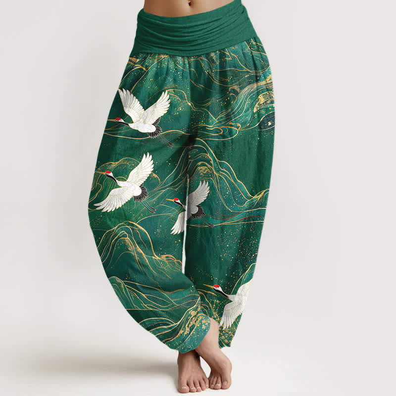 Buddha Stones Pantalones harem de algodón con estampado de grulla oriental y cintura elástica para mujer. - Verde bosque - US16，UK/AU20，EU48 (3XL) - image 0