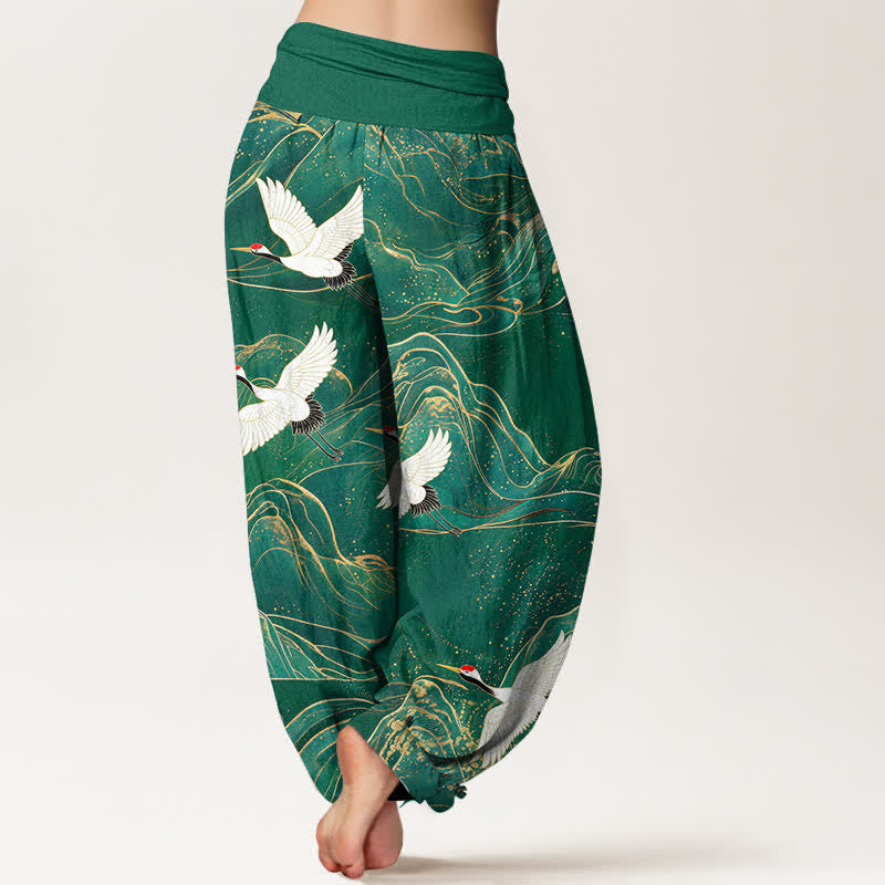 Buddha Stones Pantalones harem de algodón con estampado de grulla oriental y cintura elástica para mujer. - image 2