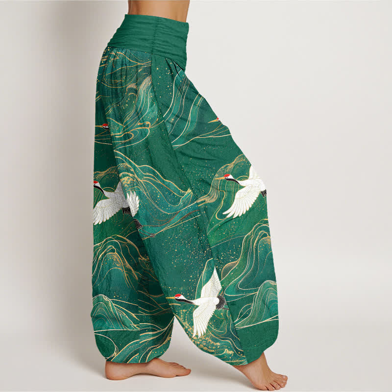 Buddha Stones Pantalones harem de algodón con estampado de grulla oriental y cintura elástica para mujer. - image 1
