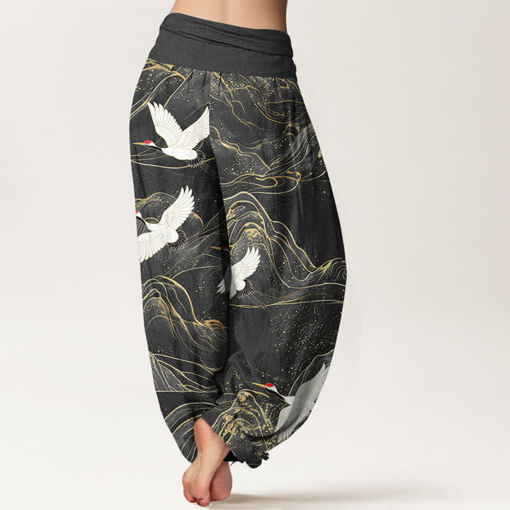 Buddha Stones Pantalones harem de algodón con estampado de grulla oriental y cintura elástica para mujer. - image 7