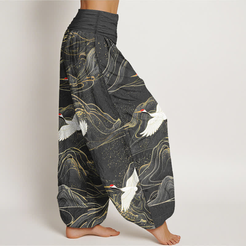 Buddha Stones Pantalones harem de algodón con estampado de grulla oriental y cintura elástica para mujer. - image 6