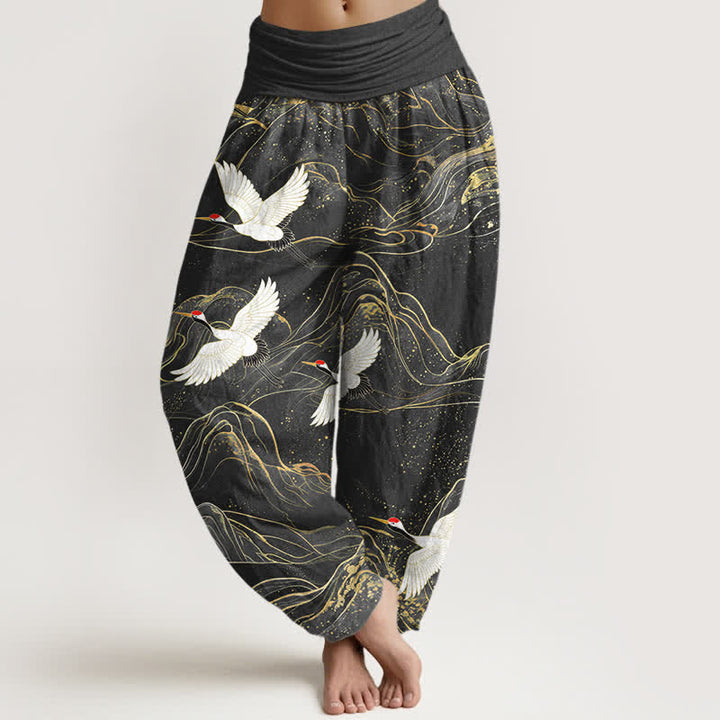 Buddha Stones Pantalones harem de algodón con estampado de grulla oriental y cintura elástica para mujer. - Negro - US16，UK/AU20，EU48 (3XL) - image 5