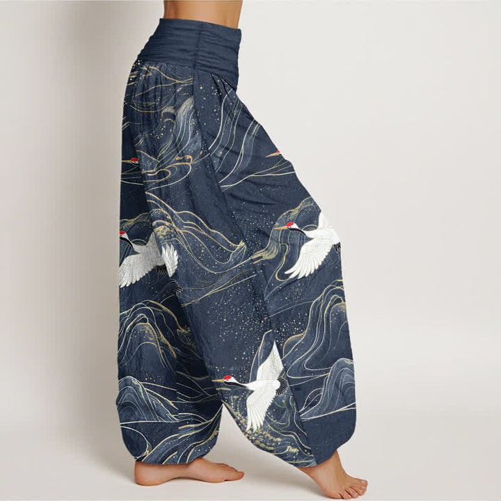Buddha Stones Pantalones harem de algodón con estampado de grulla oriental y cintura elástica para mujer. - image 9