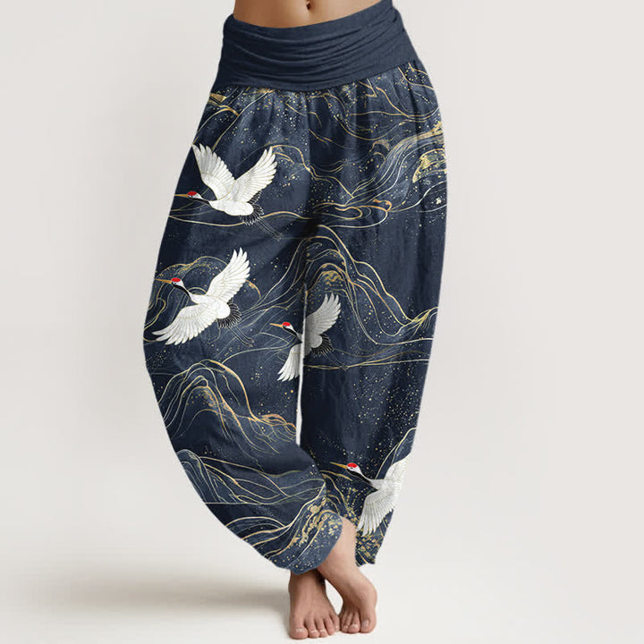 Buddha Stones Pantalones harem de algodón con estampado de grulla oriental y cintura elástica para mujer. - Azul medianoche - US16，UK/AU20，EU48 (3XL) - image 8