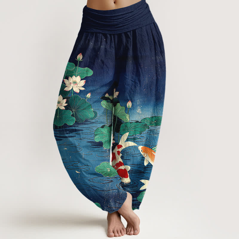Buddha Stones Pantalones harem de mujer con cintura elástica y estampado de loto florecido y carpa koi, de algodón. - Marina de guerra - US16，UK/AU20，EU48 (3XL) - image 0