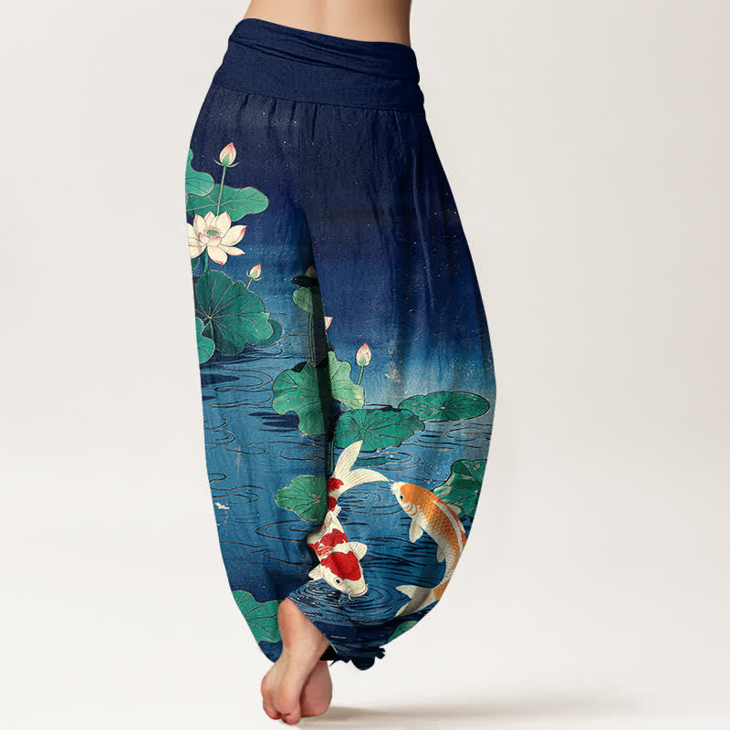 Buddha Stones Pantalones harem de mujer con cintura elástica y estampado de loto florecido y carpa koi, de algodón. - image 1