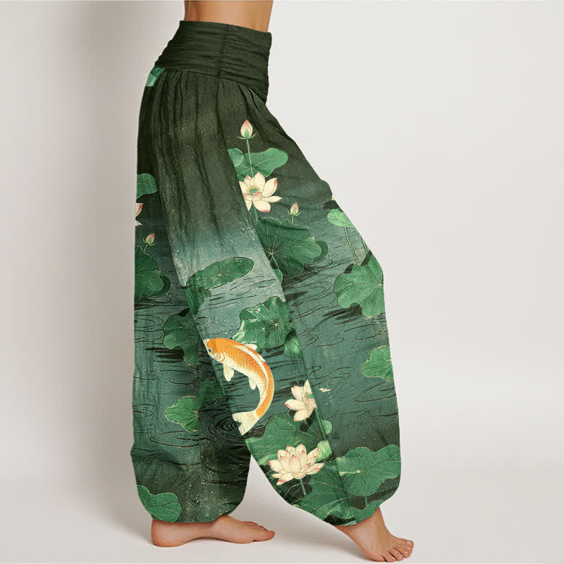 Buddha Stones Pantalones harem de mujer con cintura elástica y estampado de loto florecido y carpa koi, de algodón. - image 6