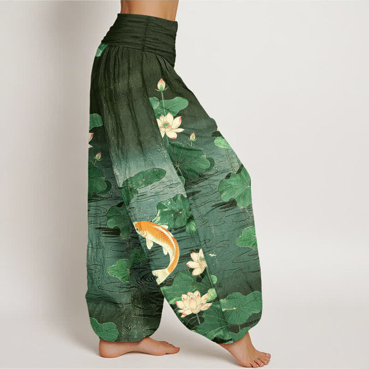 Buddha Stones Pantalones harem de mujer con cintura elástica y estampado de loto florecido y carpa koi, de algodón. - image 6