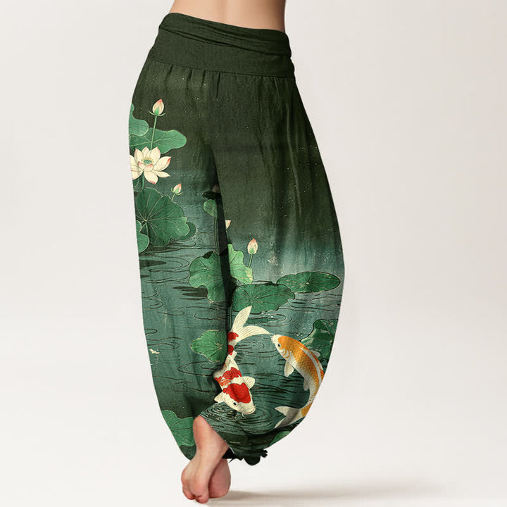 Buddha Stones Pantalones harem de mujer con cintura elástica y estampado de loto florecido y carpa koi, de algodón. - image 7