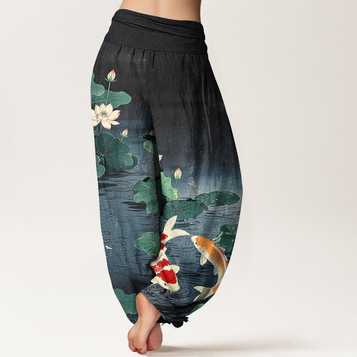 Buddha Stones Pantalones harem de mujer con cintura elástica y estampado de loto florecido y carpa koi, de algodón. - image 10