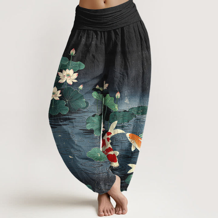 Buddha Stones Pantalones harem de mujer con cintura elástica y estampado de loto florecido y carpa koi, de algodón. - Negro - US16，UK/AU20，EU48 (3XL) - image 8