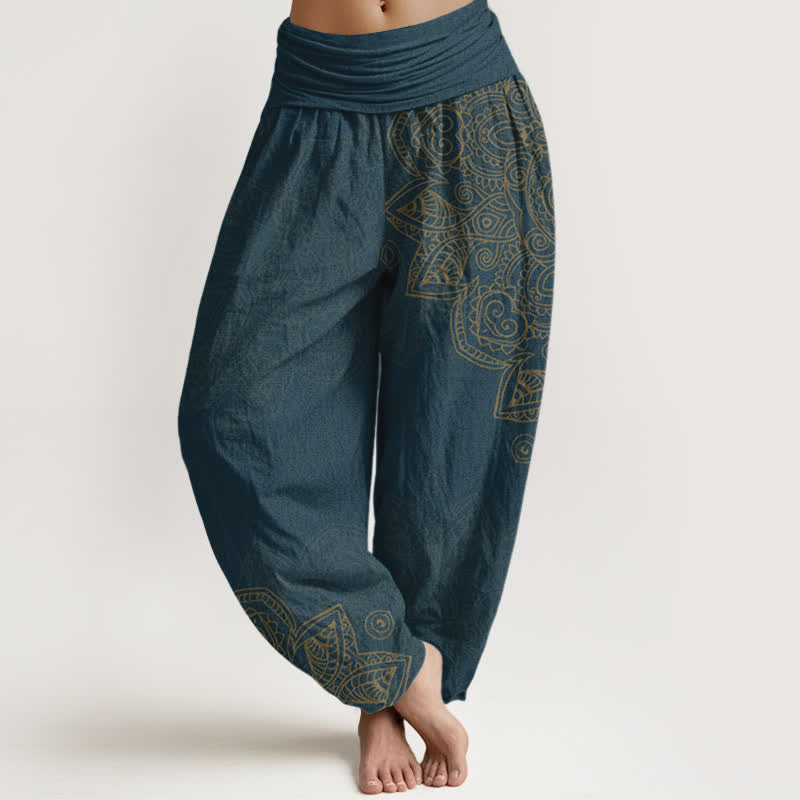 Buddha Stones Pantalones harem de algodón con estampado de mandala vintage y cintura elástica para mujer. - Azul oscuro - US16，UK/AU20，EU48 (3XL) - image 5