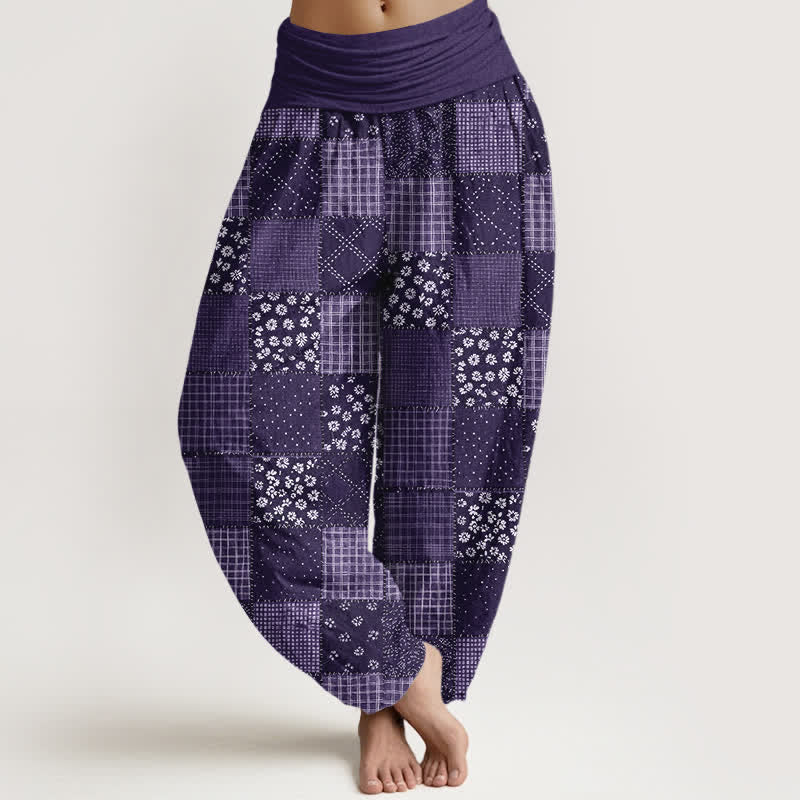 Buddha Stones Pantalones harem de algodón con estampado floral estilo patchwork vintage para mujer con cintura elástica. - Violeta oscuro - US16，UK/AU20，EU48 (3XL) - image 5