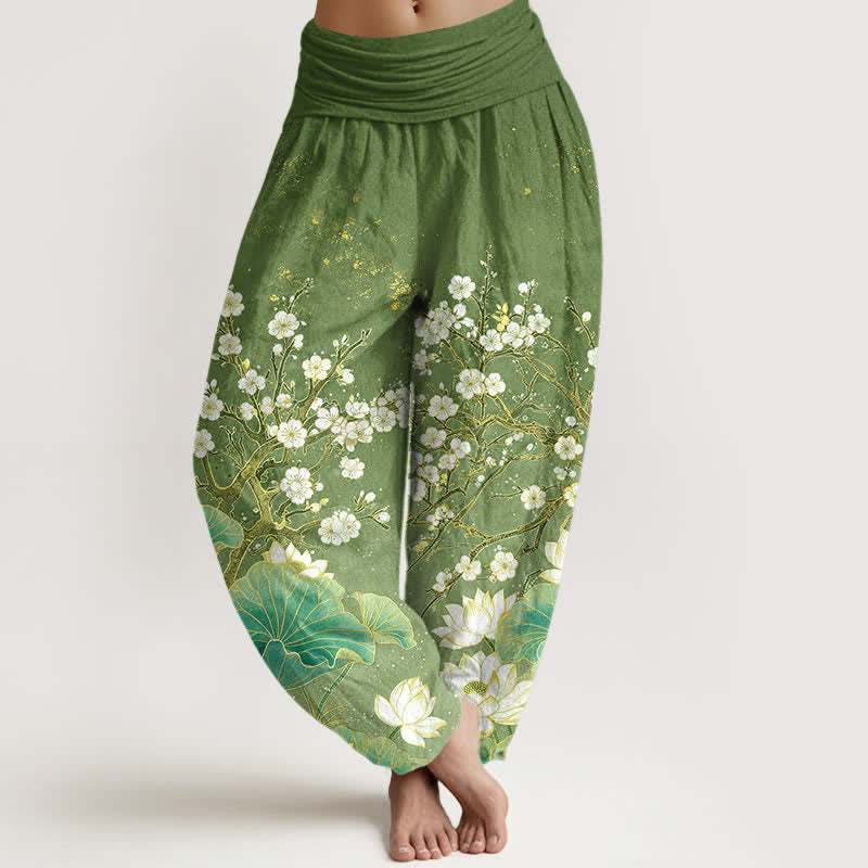 Buddha Stones Pantalones harem de algodón con estampado botánico de flor de loto para mujer con cintura elástica. - Verde oliva - US16，UK/AU20，EU48 (3XL) - image 0