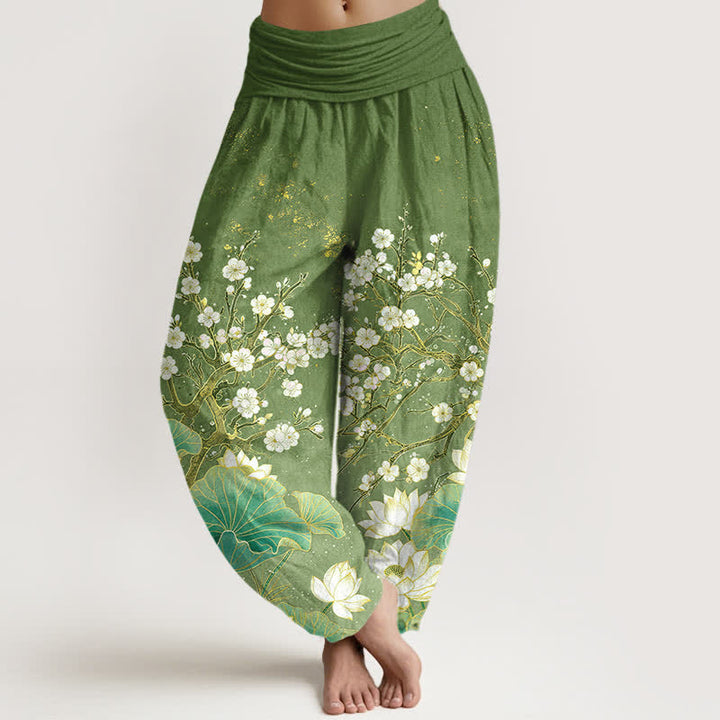 Buddha Stones Pantalones harem de algodón con estampado botánico de flor de loto para mujer con cintura elástica. - Verde oliva - US16，UK/AU20，EU48 (3XL) - image 0