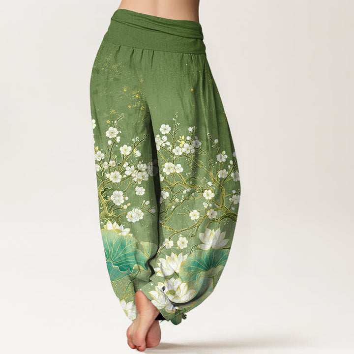Buddha Stones Pantalones harem de algodón con estampado botánico de flor de loto para mujer con cintura elástica. - image 2