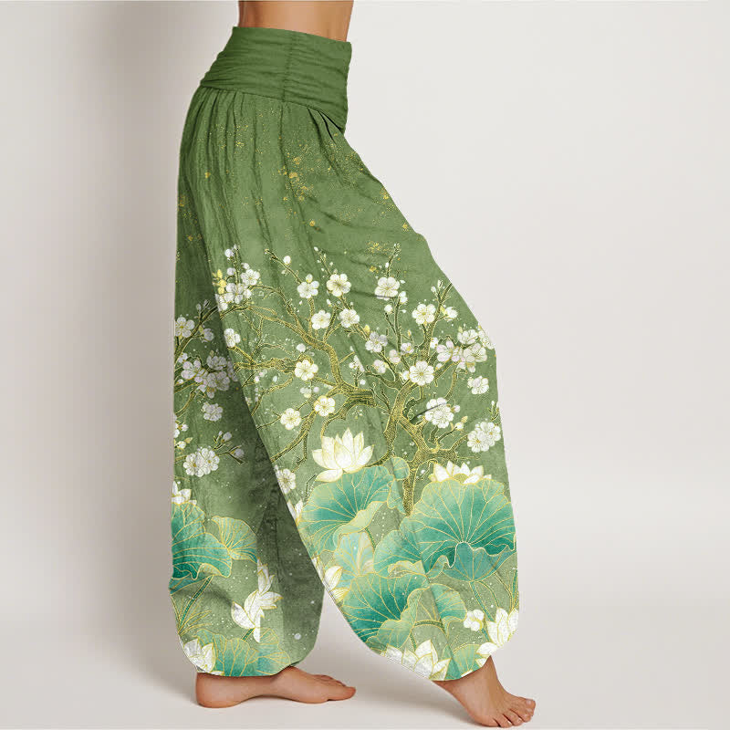 Buddha Stones Pantalones harem de algodón con estampado botánico de flor de loto para mujer con cintura elástica. - image 1
