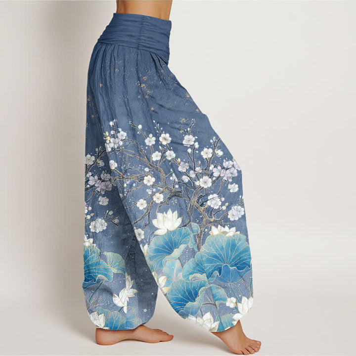 Buddha Stones Pantalones harem de algodón con estampado botánico de flor de loto para mujer con cintura elástica. - image 6