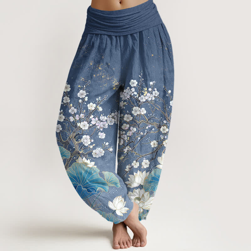 Buddha Stones Pantalones harem de algodón con estampado botánico de flor de loto para mujer con cintura elástica. - Azul acero - US16，UK/AU20，EU48 (3XL) - image 5