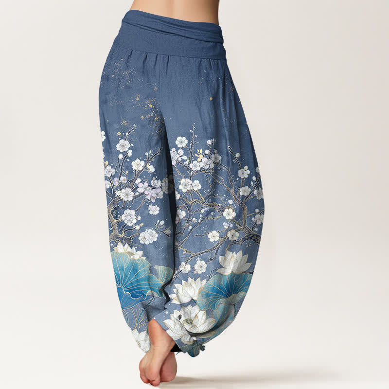 Buddha Stones Pantalones harem de algodón con estampado botánico de flor de loto para mujer con cintura elástica. - image 7