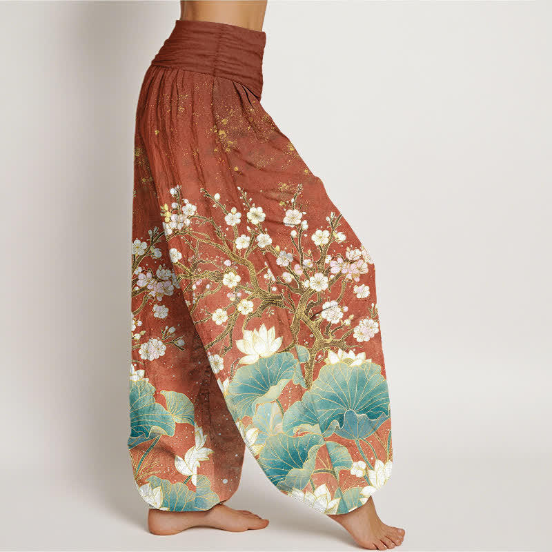 Buddha Stones Pantalones harem de algodón con estampado botánico de flor de loto para mujer con cintura elástica. - image 9
