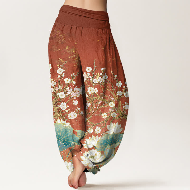 Buddha Stones Pantalones harem de algodón con estampado botánico de flor de loto para mujer con cintura elástica. - image 10