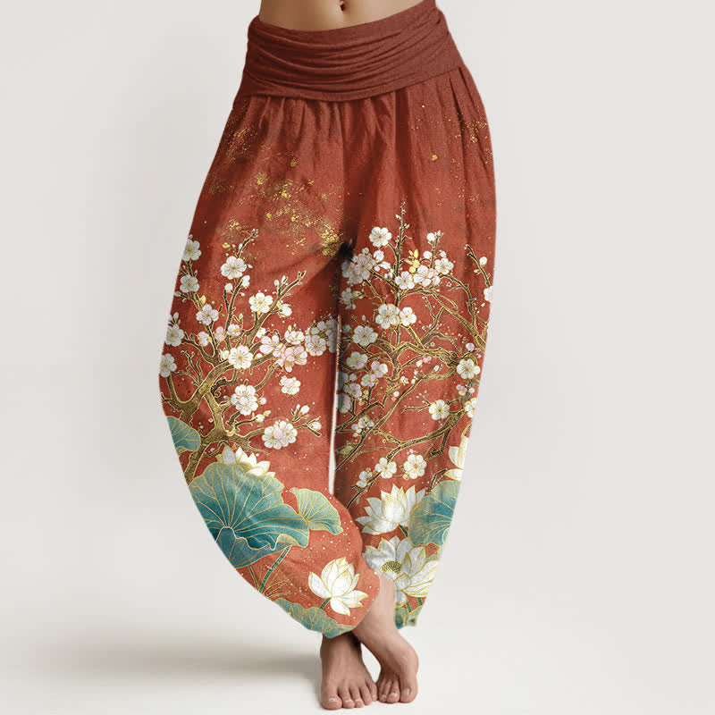 Buddha Stones Pantalones harem de algodón con estampado botánico de flor de loto para mujer con cintura elástica. - Tierra de siena - US16，UK/AU20，EU48 (3XL) - image 8