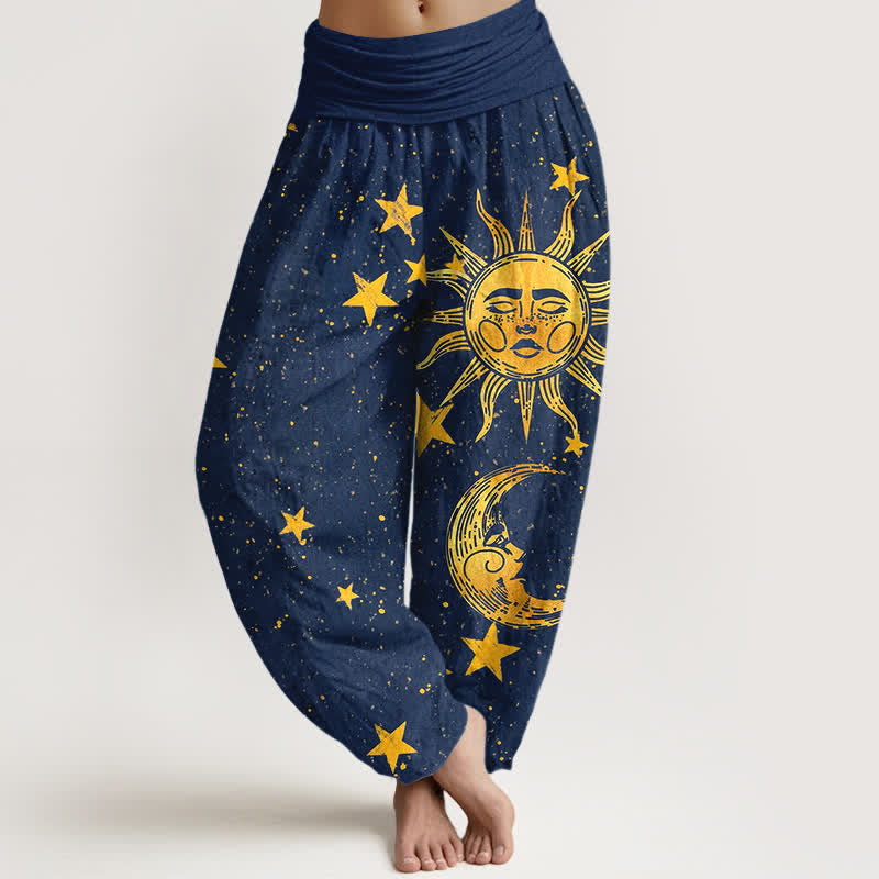 Buddha Stones Pantalones harem de algodón con estampado de estrellas y sol dorado para mujer, con cintura elástica. - Marina de guerra - US16，UK/AU20，EU48 (3XL) - image 0