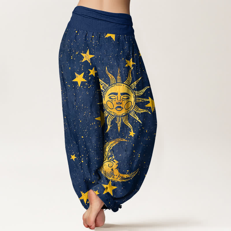 Buddha Stones Pantalones harem de algodón con estampado de estrellas y sol dorado para mujer, con cintura elástica. - image 1