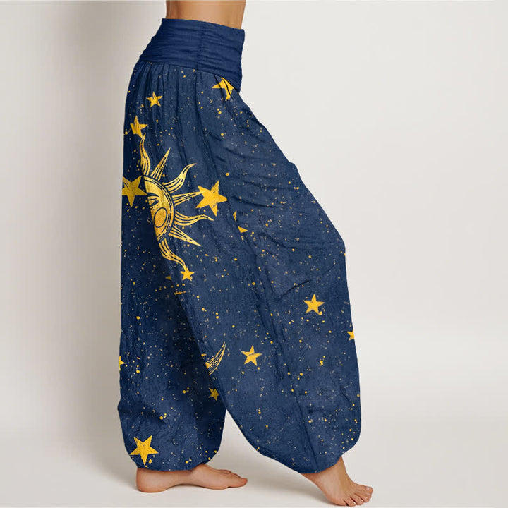 Buddha Stones Pantalones harem de algodón con estampado de estrellas y sol dorado para mujer, con cintura elástica. - image 2