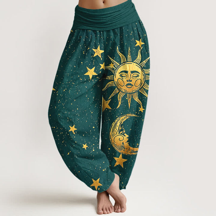 Buddha Stones Pantalones harem de algodón con estampado de estrellas y sol dorado para mujer, con cintura elástica. - Verde azulado - US16，UK/AU20，EU48 (3XL) - image 5