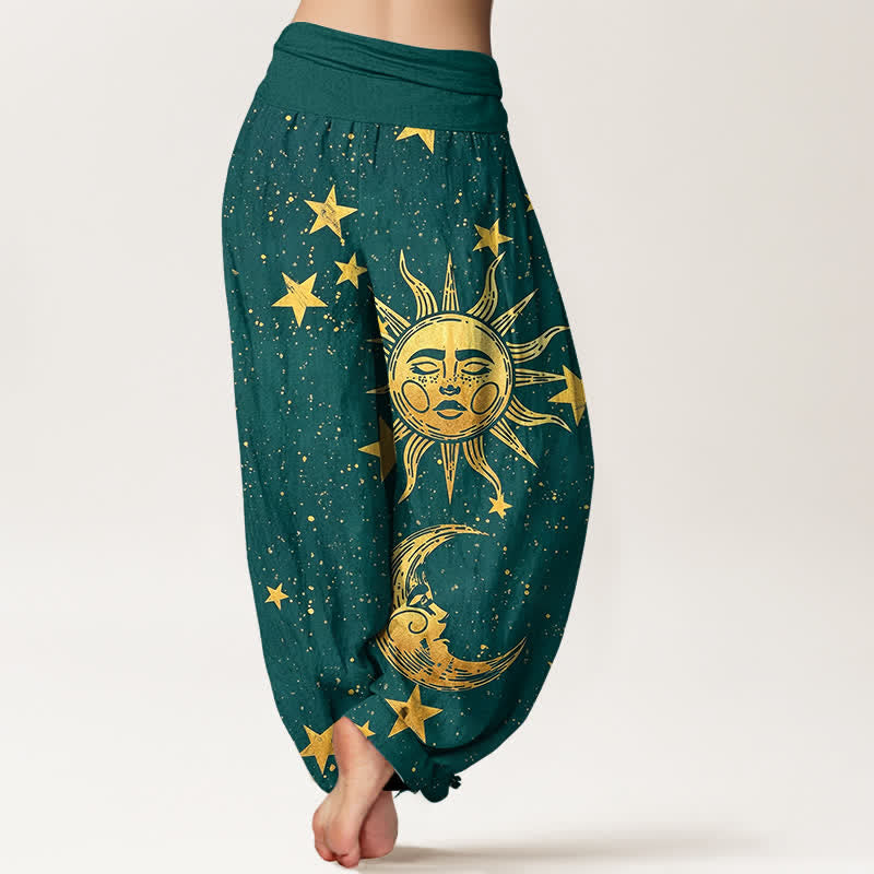 Buddha Stones Pantalones harem de algodón con estampado de estrellas y sol dorado para mujer, con cintura elástica. - image 7